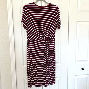 Burgundy Striped Midi Dress with Short Sleeves, Waist Twist Detail, Size…